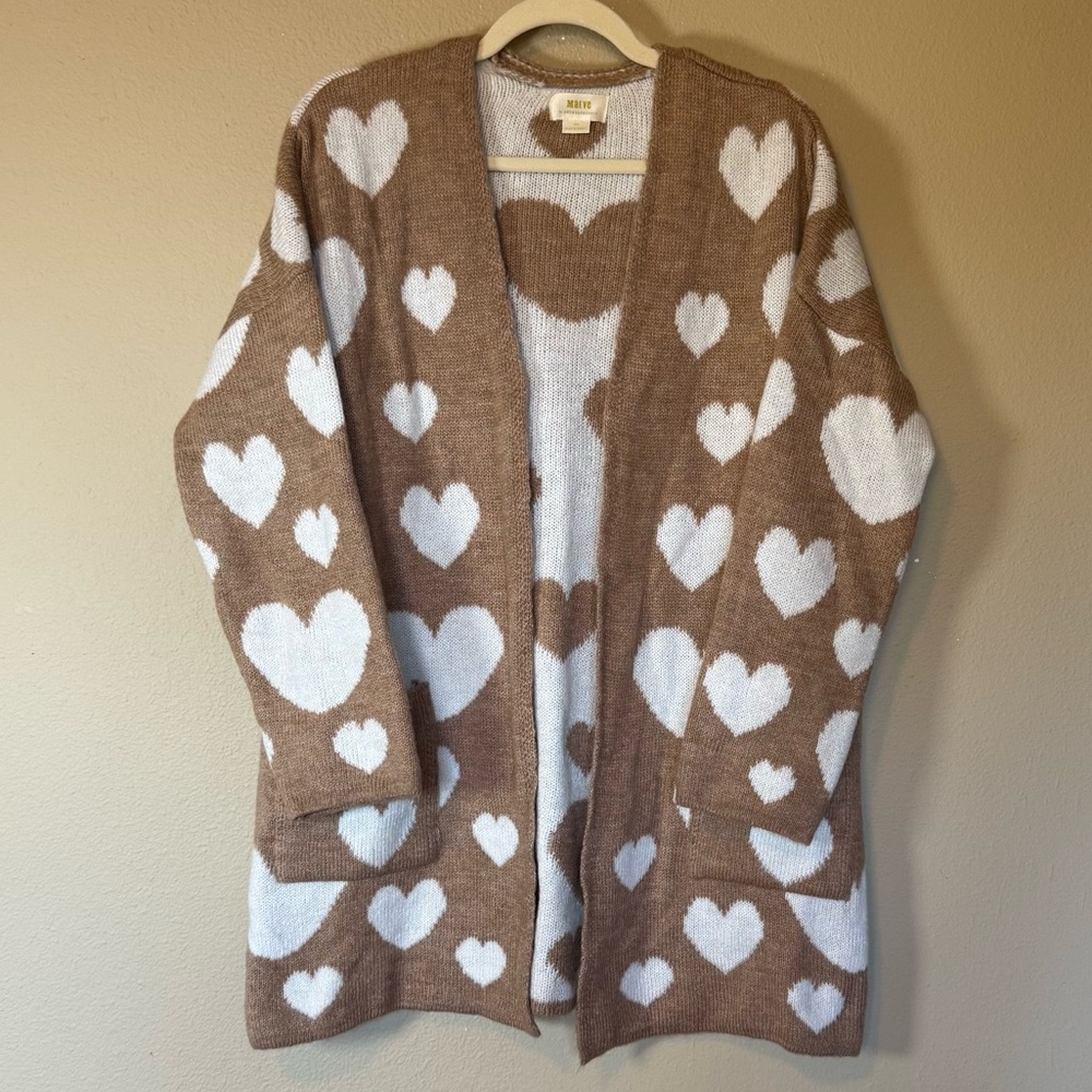 Maeve Anthropologie Oversized Hearts Cardigan Sweater in Tan Size XS/S - Picture 2 of 7
